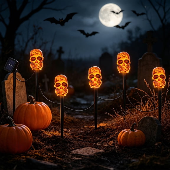 Halloween Solar Waterproof LED Skull Ground Stake Light,AutoActivated WeatherProof PushIn Install Structure,Pathway Ornament For Garden Lawn Cemetery FrontYard Holiday Party Display