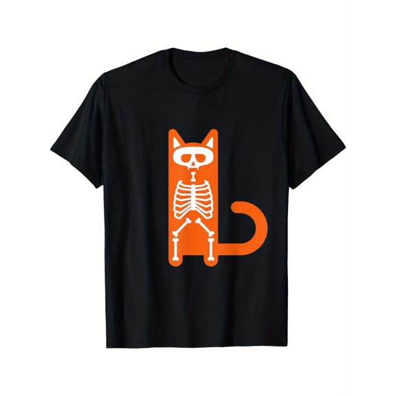 Halloween - Soul Graphic Tee, Tops Has Relatable “Cat - Skull” Design, Round Neck Regular Fit T-shirts, Size(S-5XL)