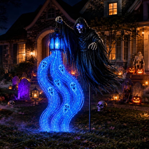 Halloween Soul Harvester Animated Garden Light, Grim Reaper Solar Lantern with Glowing Ghost Effect for Spooky Outdoor Decorations