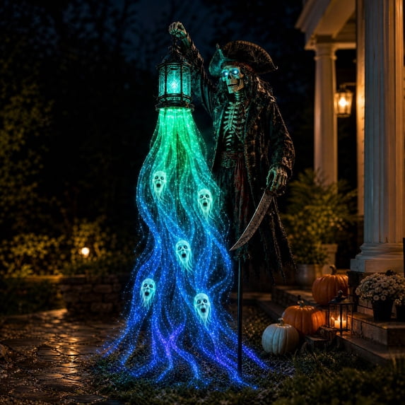 Halloween Soul Harvester Animated Garden Light,Pirate Skeleton Solar Powered Lawn Stake with Glowing LED Soul Effect for Yard,Lawn,Patio & Outdoor Halloween Decor