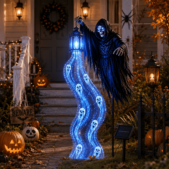 Halloween Soul Harvester Animated Garden Light – Solar Powered Flowing Ghost Lantern with Rising Reaper Effect