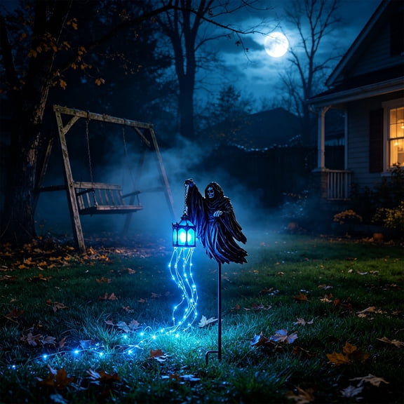 Halloween Soul Harvester Animated Garden Light, Solar Powered Outdoor Grim Reaper Lawn Stake with Glowing Blue LED Effect for Yard, Lawn Patio Decor