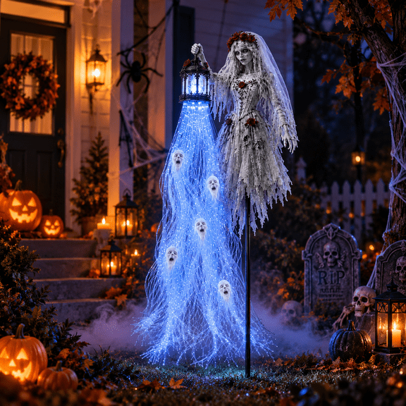 Halloween Soul Harvester Animated Ground Stake Lamp, Creepy Ghost Bride Yard Figurine with Rose‑Decorated Veil, Waterproof Flowing Ghost LED Light