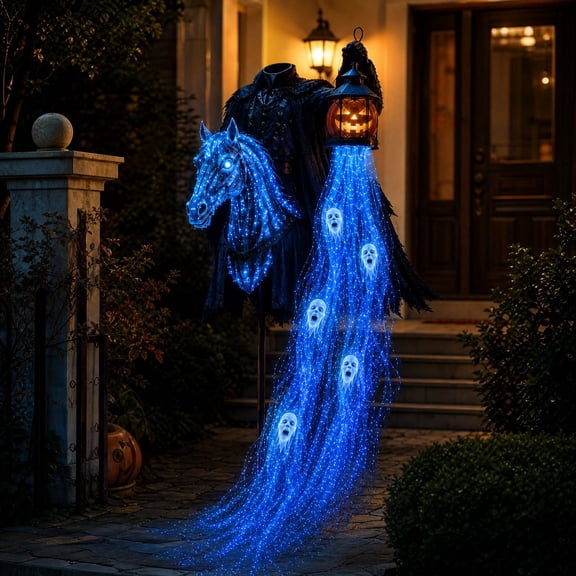 Halloween Soul Harvester Animated Ground Stake Lamp, Headless Horseman Yard Decor with Pumpkin Lantern, Waterproof Flowing Ghost LED Light for Outdoor Grave Patio Decor