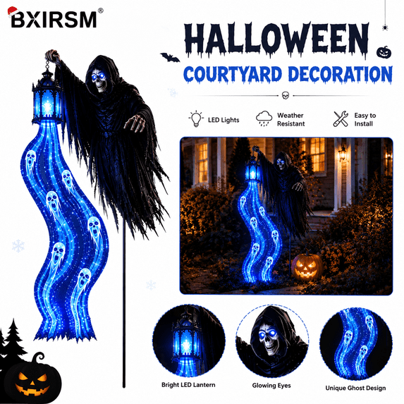 Light Blue Layout Halloween Soul Harvester Garden Light,31.5in-Solar Powered 2D Grim ...