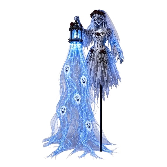 Halloween Souls Harvester Solar Garden Stake Light, Glowing Ghost Bride Yard Decor with Blue LED Ghost Light Strands, Spooky Outdoor Pathway Ornament for Front Yard Porch Halloween Party Display