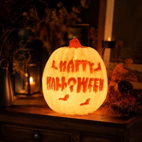 Halloween Sound-Activated Light-Up White Pumpkin - 11.4 Inch Dual-Sided RGB LED Tabletop Decor with Carved Face and Happy Halloween Text