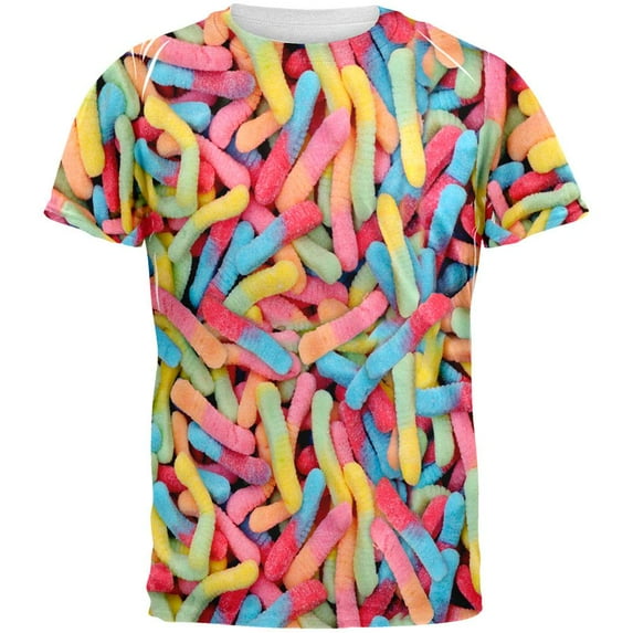 Halloween Sour Gummy Worms All Over Adult T-Shirt - X-Large