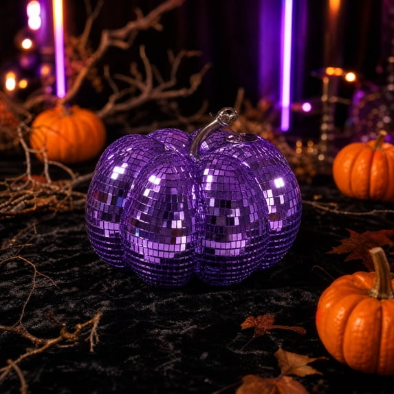 Halloween Sparkling Mirror Glass Pumpkin Decor High Gloss Reflective Tile Ornament Faux Stem Pumpkin Statue for Tabletop Mantel Fall Harvest Home Decoration