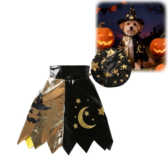Halloween Sparkly Wizard Cape Set for Kittens Small Medium Dogs, Adjustable Polyester Witch Collar Cloak, Lightweight Comfort Cosplay Outfit for Pet Party Parade Holiday Photo Supplies