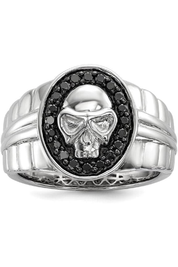 Halloween Special Round Cut Black & White Diamond Skull Face Wedding Pinky Ring for Men 925 Sterling Silver 14K Two-Tone Gold Over
