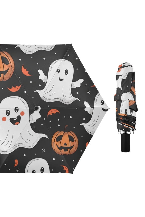 Halloween Specters Bats Pumpkins Cartoon All Weather Umbrella Triple Folding Parasol 6 Ribs UV Protection Portable