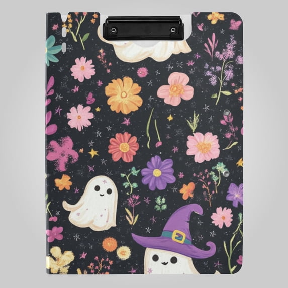 Halloween Specters Pumpkins Flowers Crayon Painting Foldable Binder Folder Clipboard with Pen Slot Double Clips A4 Size File Storage