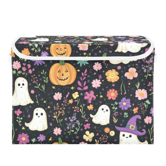 Halloween Specters Pumpkins Flowers Crayon Painting Foldable Storage Bin with Lid and Handle Collapsible Storage Box 16.5 x 12.6 x 11.8 inches