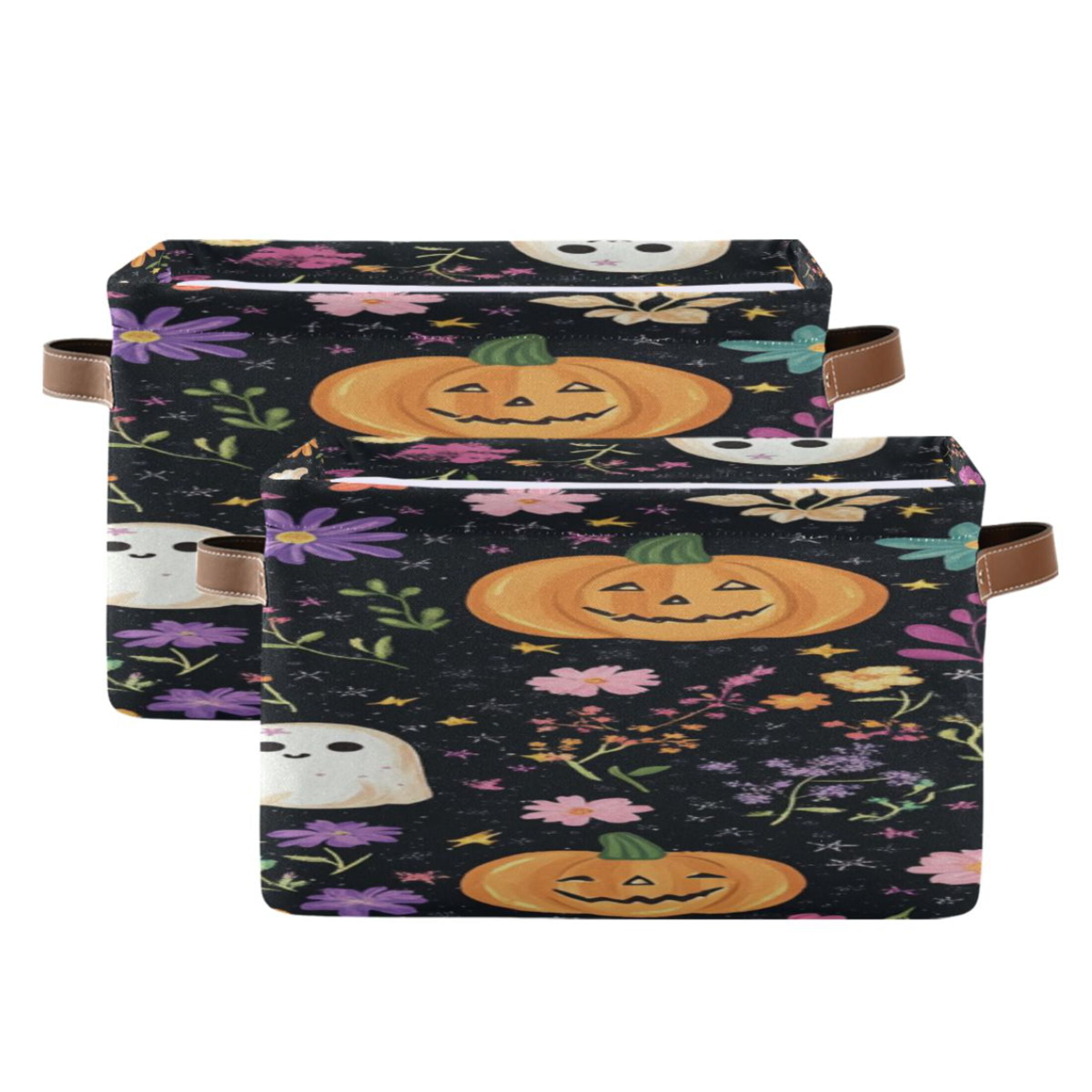Halloween Specters Pumpkins Flowers Crayon Painting Square Storage Bins with Handles Collapsible Containing Box 2 Packs