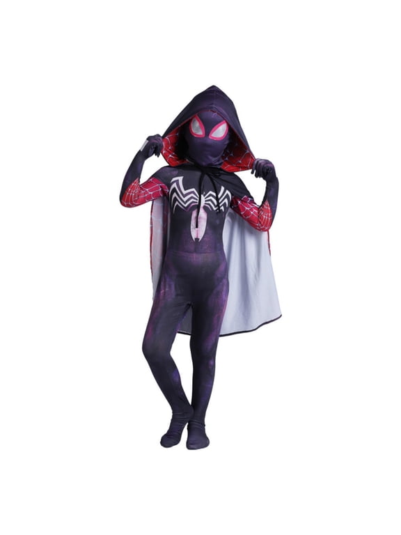 Halloween Spide Cosplay Costume, Purple Red Style Halloween Costume Set, Classic Hero Cosplay Costume Full Body Jumpsuit, Halloween Fancy Dress Outfit - Jumpsuit + Mask + Cloak, L