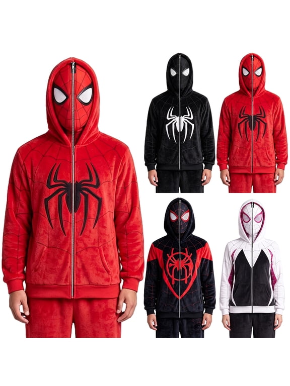 Halloween Spide Costume Long Sleeve Zip Up Flannel Hoodie, Oversized Sweatshirt For Men Women, Hero Theme Streetwear Casual Jacket Halloween Tops, Black, L