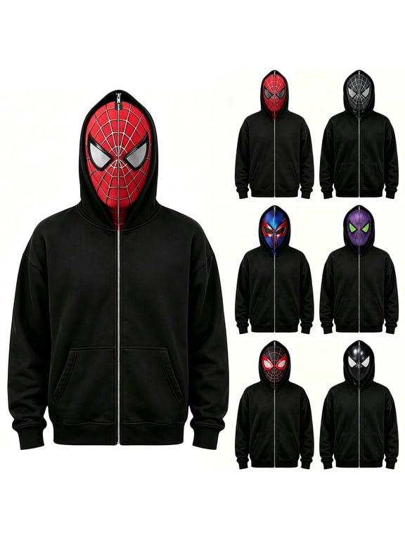 Halloween Spide Costume Long Sleeve Zip Up Hoodie, Oversized Sweatshirt For Women Men, Hero Theme Streetwear Casual Jacket Halloween Tops, Cosplay Set Include Hoodie, A, L