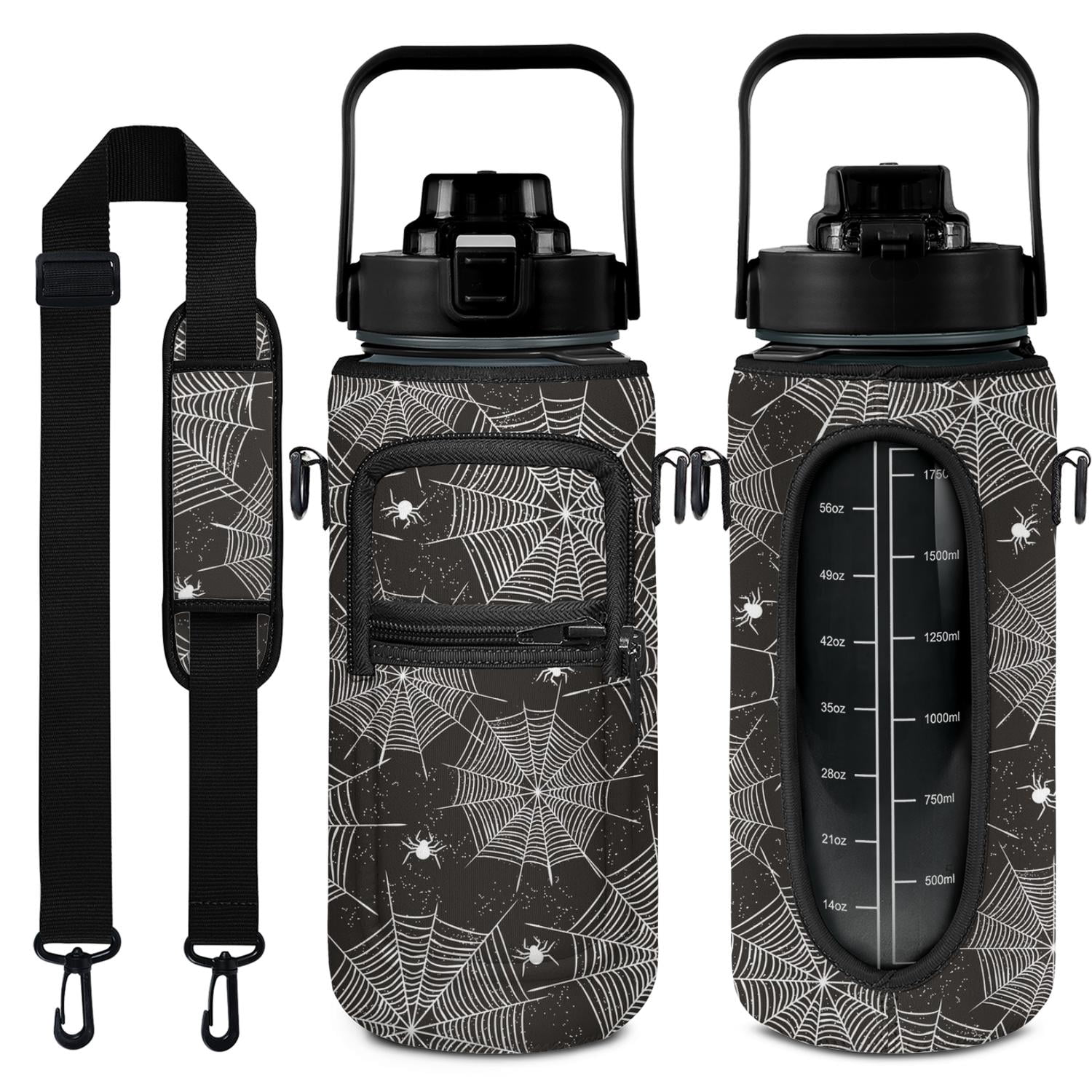 Halloween Spider 64 Oz Water Bottle with Sleeve - BPA Free Leakproof Sport Large Plastic Water Bottle with Straw & Time Marker & Insulated Neoprene Holder Carrier Bag Great Gift for Women Men