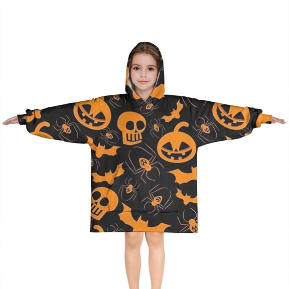 Halloween Spider Bat Pattern Blanket Hoodies for Kids 6-13YR Oversize Wearable Blanket Hoodies for Boys Girls Teens