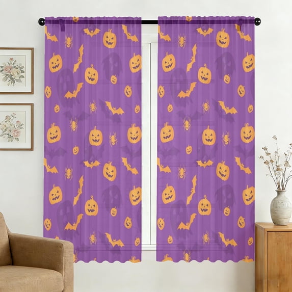Halloween Spider Bat Pattern Sheer Curtains, Rod Pocket Sheer Drapes ...
