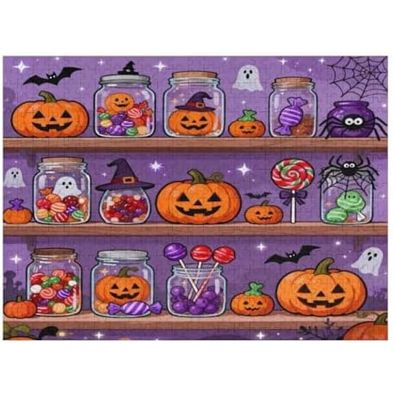 Halloween Spider Candy Jar 500 PCS Jigsaw Puzzle for Adults Halloween Scene Puzzle, Colorful Candy Art Jigsaw, Fun 500 Piece Puzzle for Family Game and Party 20.5x15 in