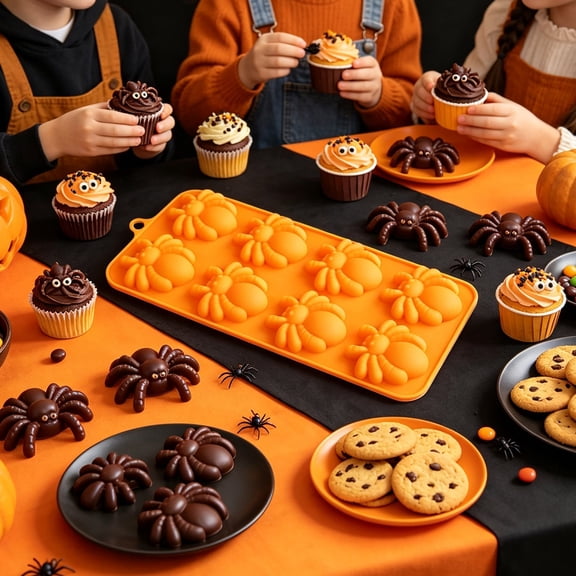 Halloween Spider Chocolate Mold 8 Cavity Silicone Spiders Shape Baking Soap Molds For Halloween Festival Candy Cookie Cake Cupcake Decoration Diy Accessories 8.9"X4" Utility