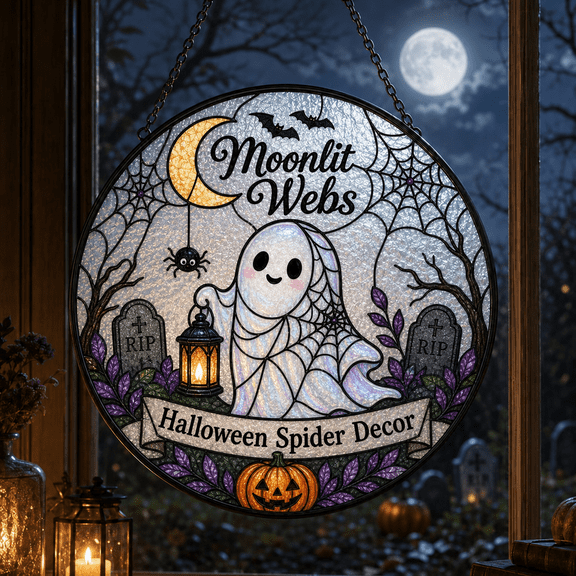 Halloween Spider Decor Window Hanging Suncatcher, Ghost Spider Web Halloween Gift