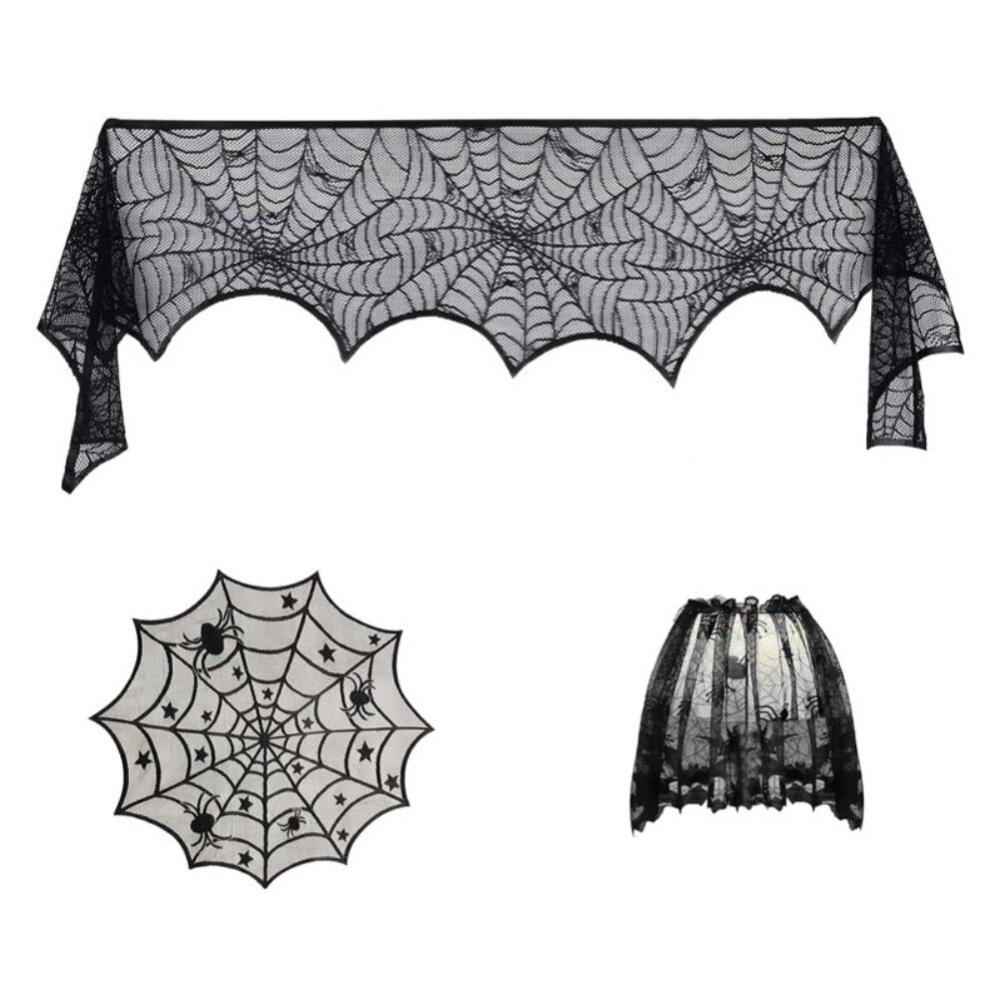 Halloween Bat Spider Web Tablecloth Decor Set - 5-Piece With Mantel Scarf, Runner, Tablecloth, Placemats, 3D Bat Stickers