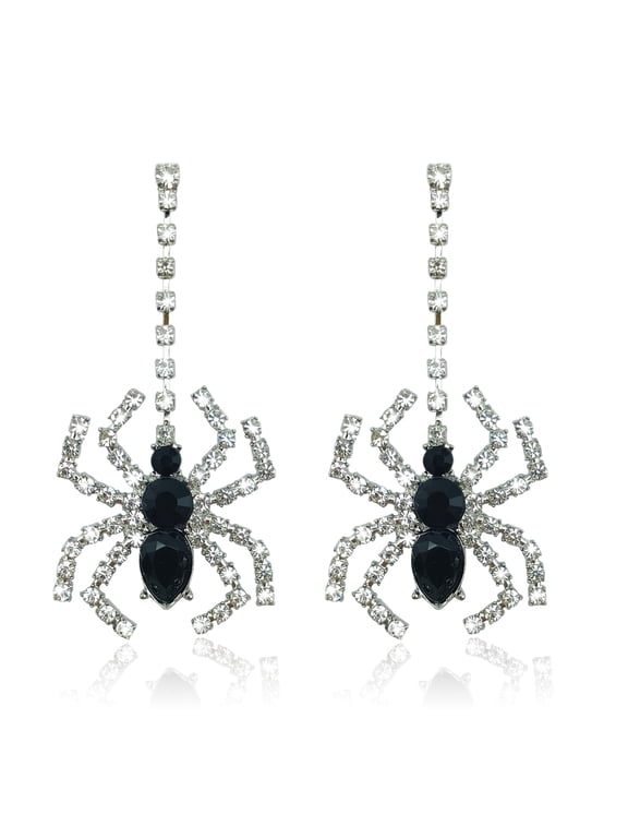 Halloween Spider Earrings for Women, Rhinestone Spider Dangle Earrings, Black Spider Costume Accessories for Party