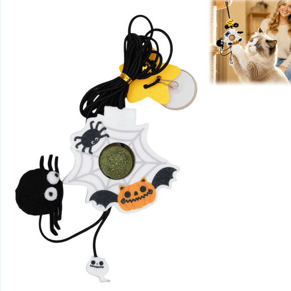 Halloween Spider Hanging Cat Toy with Catnip Ball, Elastic Interactive Door Hanging Teaser Toy for Indoor Cats, Keep Cats Occupied Plaything with Bell