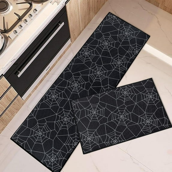 Halloween Spider Kitchen Rugs and Mats Non Skid Washable Set of 2, Black Kitchen Mats for Floor, Autumn Night Spooky Holiday Celebrate Under Sink Kitchen Runner Rug