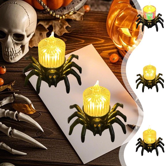 Halloween Spider LED Candle Light with Funny Spooky Design, Creative Ambient Light Holiday Decoration Prop, Festive Tabletop LED Ornament for Home Party Halloween Holiday Gift Decor, B