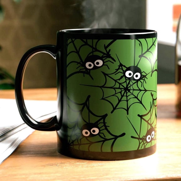Halloween Spider Mug: Green Web Design, Mid Century Modern Coffee Cup