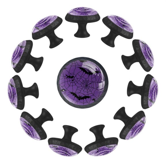 Halloween Spider Spider Web and Bat Purple Background 35MM Round Glass Cabinet Knobs, Kitchen Knobs for Drawer Dresser Cupboard Wardrobe Modern Pulls Handles Hardware, Set of 12
