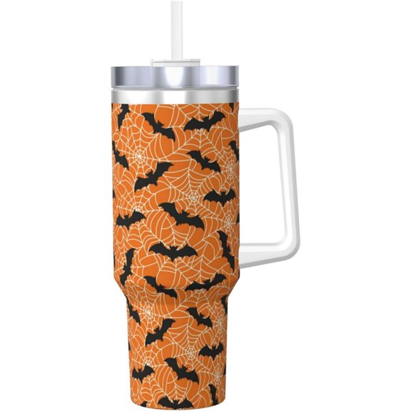 Halloween Spider Web Bat 40 oz Tumbler with Handle and Straw Lid, Stainless Steel Insulated Travel Coffee Mug, Vacuum Insulated Water Bottle for Home, Office, Car, Keep Hot/Cold for Hours