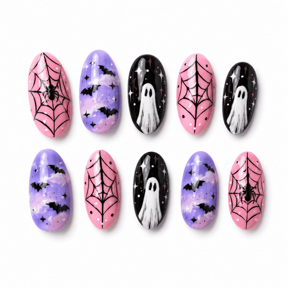 Halloween Spider Web Bat Press on Nails, Medium Almond Glossy Ghost False Nails, 24 Count