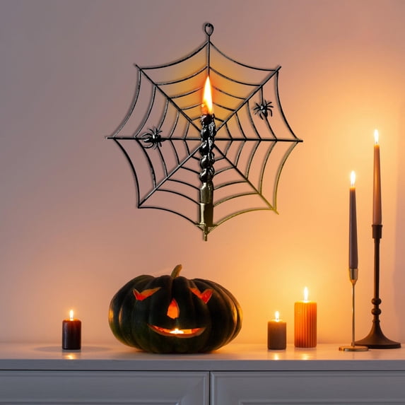 Halloween Spider Web Candle Holder Metal Ornament with Web Design for Spooky Party Decor Wall Doorway Display (Black)