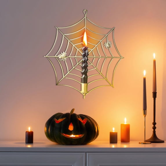Halloween Spider Web Candle Holder Metal Ornament with Web Design for Spooky Party Decor Wall Doorway Display (Gold)