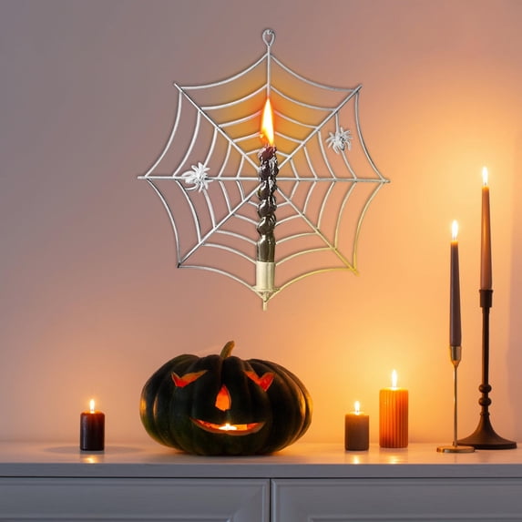 Halloween Spider Web Candle Holder Metal Ornament with Web Design for Spooky Party Decor Wall Doorway Display (Silver)