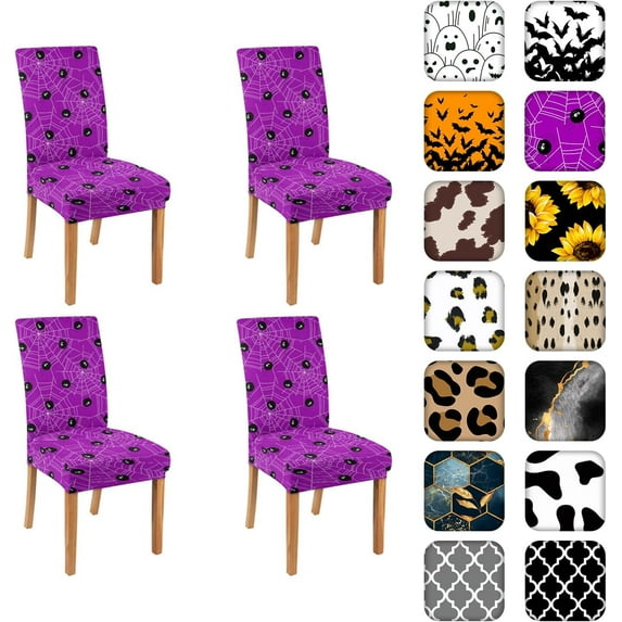 Halloween Spider Web Chair Covers for Dining Room Set Of 4, Purple Stretch Dining Chair Cover 4 Pieces, Washable Kitchen Parsons Chair Slipcovers 4 Pack, Removable Seat Protector for Home and Party