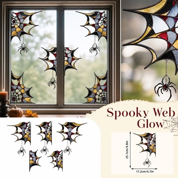 Halloween Spider Web Corner Window Clings, Stained Glass Web Decals with Hanging Spider, Static Decor for Glass Door, 9.8 x 6.7 in, 5 Pack