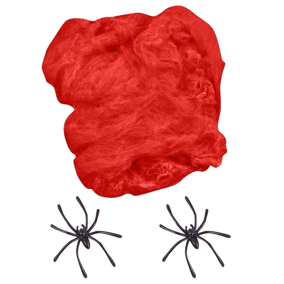 Halloween Spider Web Decor Set – Bright Red Fake Cobweb with 2 Realistic Black Spiders, Highly Expandable Polyester Fiber for Haunted House, Party Backdrop & Indoor/Outdoor Halloween Decoration