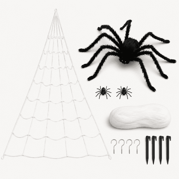 Halloween Spider Web Decoration 16ft + Giant Spider 35" Black + Stretchy Dense Spider Silk Rope and 2 Small Spiders Triangular Huge Spider Web for Indoor/Outdoor