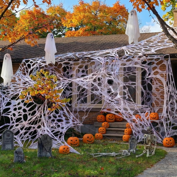 Spider Web Decoration, Includes 10 Ground Nails, Halloween, Uncut Stretchy Cotton Netting, White, 450 Sqft, 1 Count