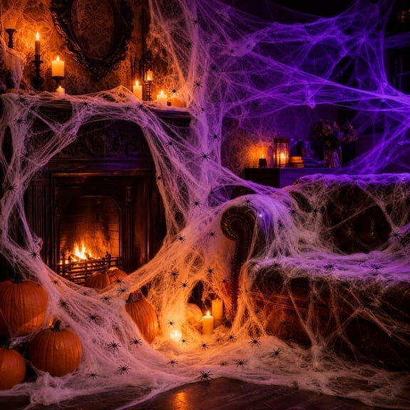 Halloween Spider Web Decoration Glow in The Dark, Halloween Cotton Silk with Glowing Spiders, Halloween Haunted House Room Scene Party Props Set