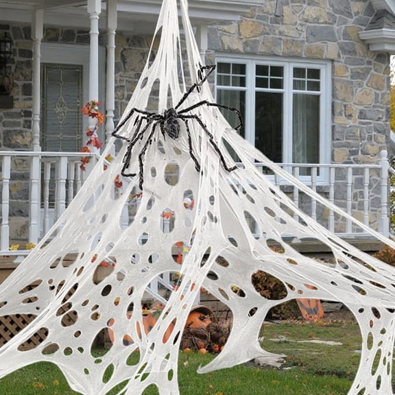 Halloween Spider Web Decorations - 13.5* 6.7 Ft White Stretchy Netting Spider Web with 1Pcs 2.5Ft Black Hairy Spider, Stretchy Beef Cloth Netting with Hairy Spider for Haunted House Prop Decor