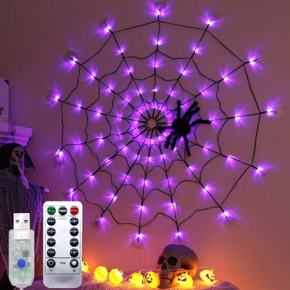 Halloween Spider Web Decorations Lights, Battery Operated Spider Wed Light, 3.28 FT Diameter 70 Led Waterproof Purple Light with 1 Black Spider, for Indoor&Outdoor Decoration