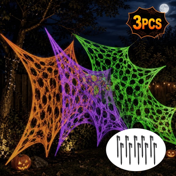 Halloween Spider Web Decorations DIY Giant Spider Webs Halloween Creepy Cloth for Haunted House Party Indoor Outdoors Decoration (Purple&orange&Green 13.8X19.7FT)