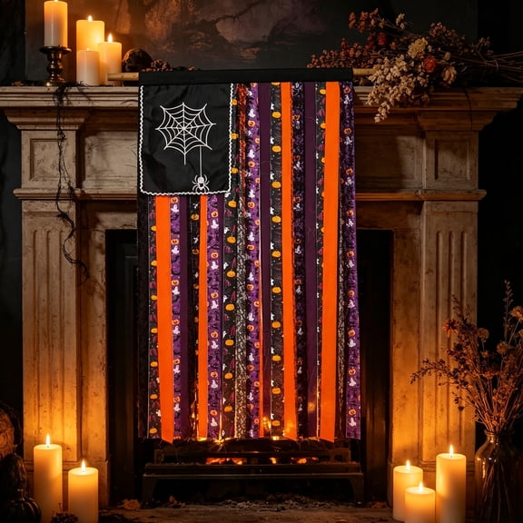 Halloween Spider Web Fabric Rag,Combines Solid Orange,Matte Dark Purple and Printed Black Fabric Strips Covered with Pumpkins,Ghosts and Witch Hats,Exquisite Spider Web Embroidery,50"